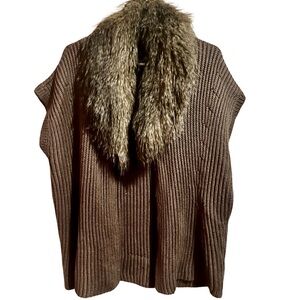 Chico's 2/L Brown Knit Wool Blend Sweater Vest Detachable Faux Fur Collar